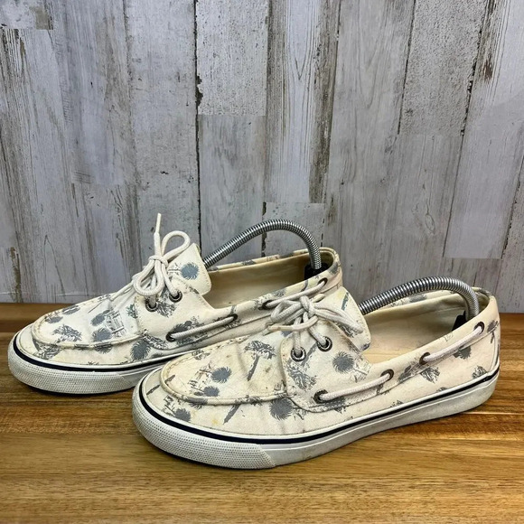 Vintage Sperry Top-Sider Women's 10M Canvas Boat Shoes White Palm‎ Tree Print - Picture 1 of 10
